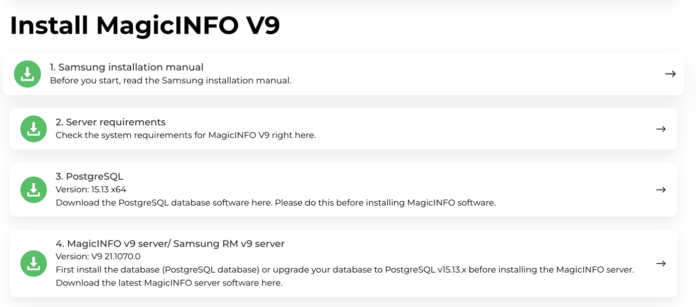 The Install MagicINFO V9 download list on magicinfoservices.com — item 4 is the MagicINFO v9 server