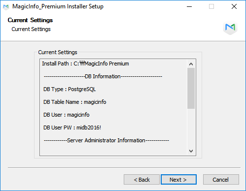 Current Settings screen showing generated database and administrator credentials in a scrolling box