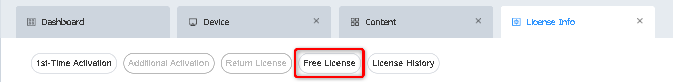 Licensing button row with the Free License button highlighted