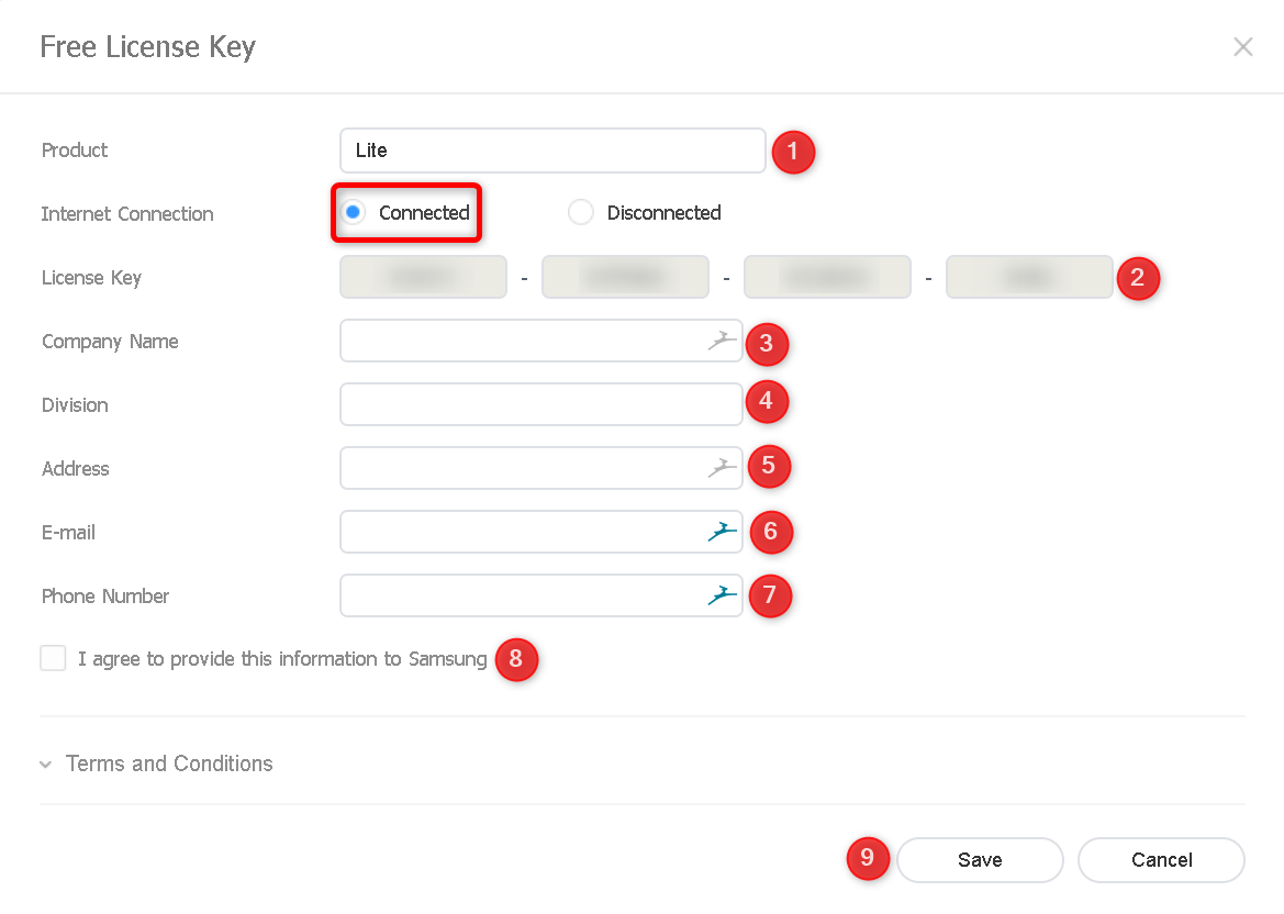 Free License Key dialog with Product set to Lite, Connected selected and the numbered fields to complete
