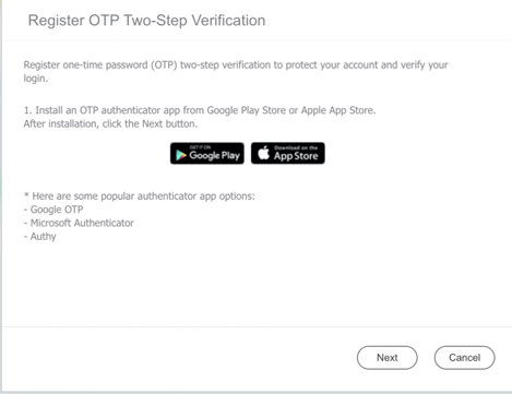 First page of the Register OTP Two-Step Verification dialog, listing authenticator app options