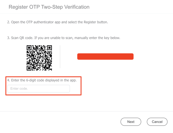 Register OTP dialog showing the QR code, the manual key field and the 6-digit code box