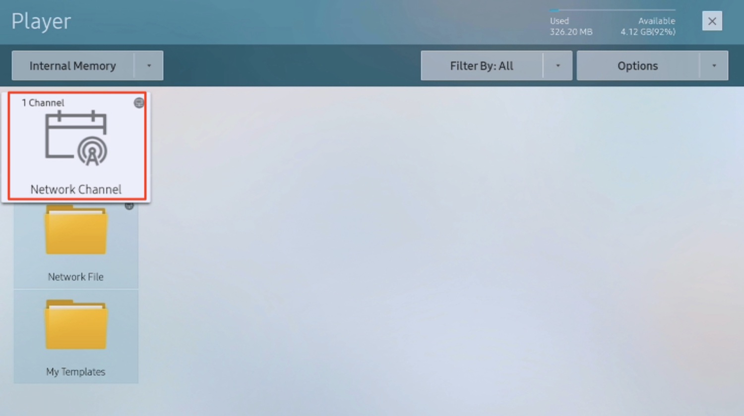 Player view with the Network Channel tile highlighted