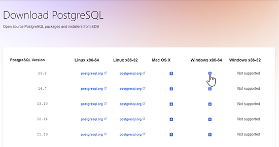 PostgreSQL downloads page for Windows
