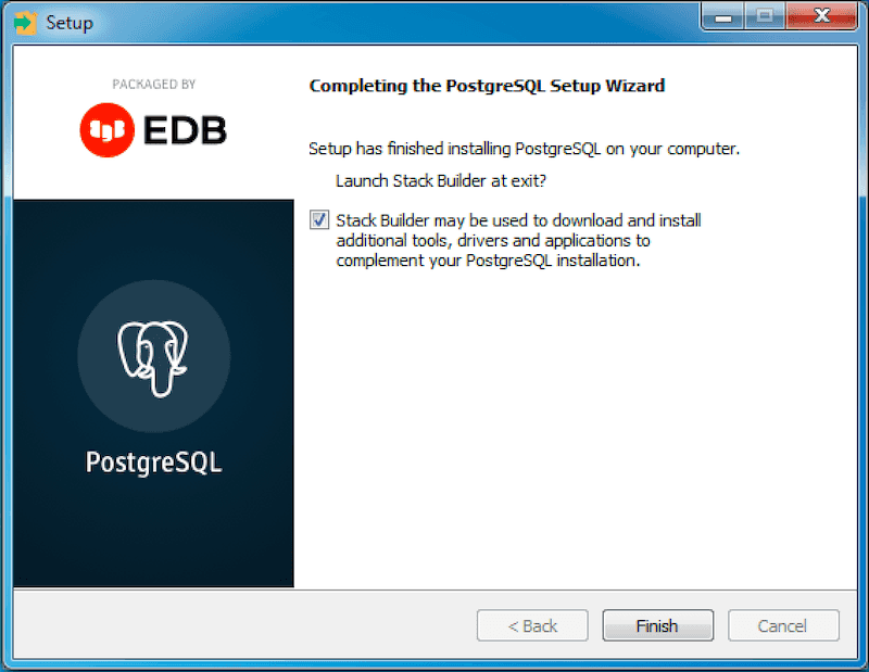 Final screen — the Stack Builder checkbox appears only if the component was installed
