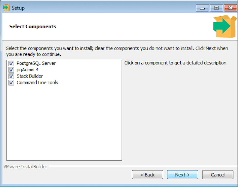 Component selection screen — the installer's default state with all four components ticked