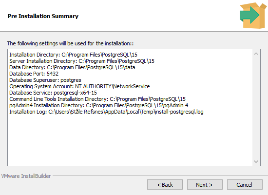Pre-installation summary screen