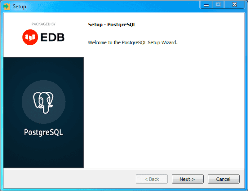 PostgreSQL setup wizard welcome screen
