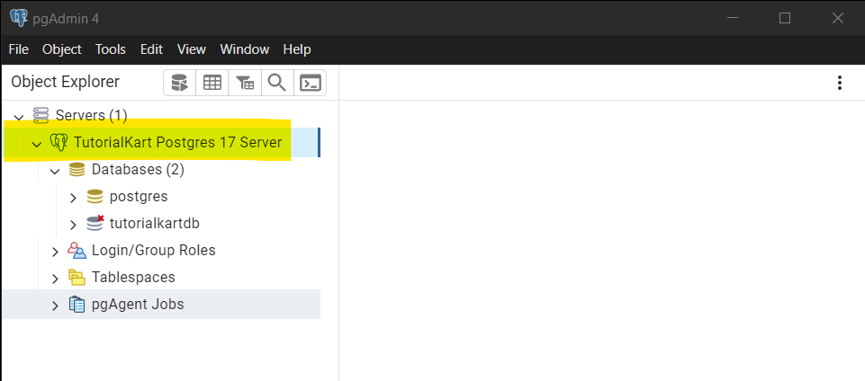 pgAdmin showing connected server tree