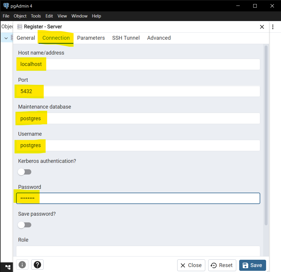 pgAdmin connection tab with localhost and port 5432