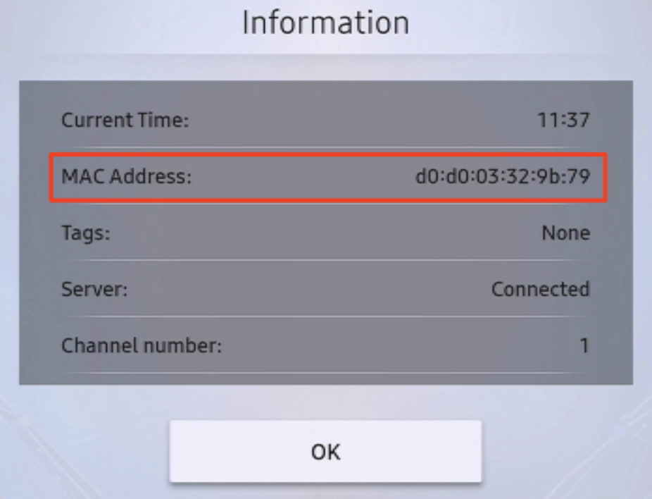 Player Information dialog listing MAC Address and Server Connected