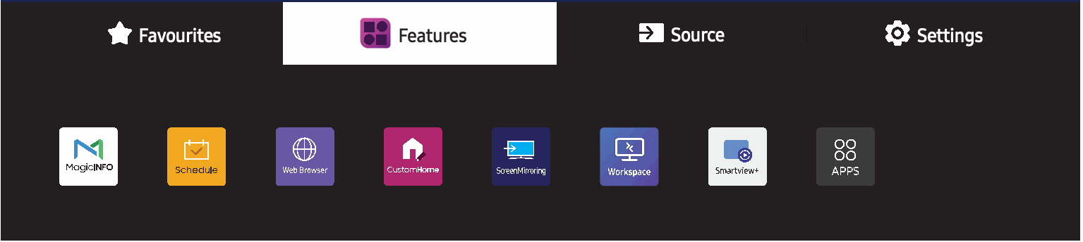 QMC home ribbon, Features tab with MagicINFO, Schedule, Web Browser icons
