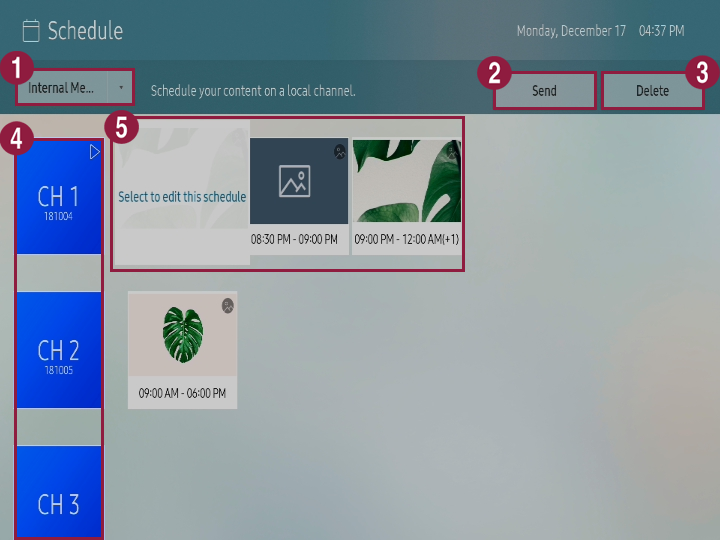 Schedule screen with numbered regions