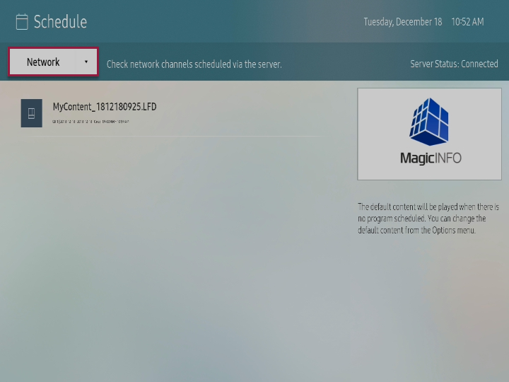 Schedule screen showing default content note