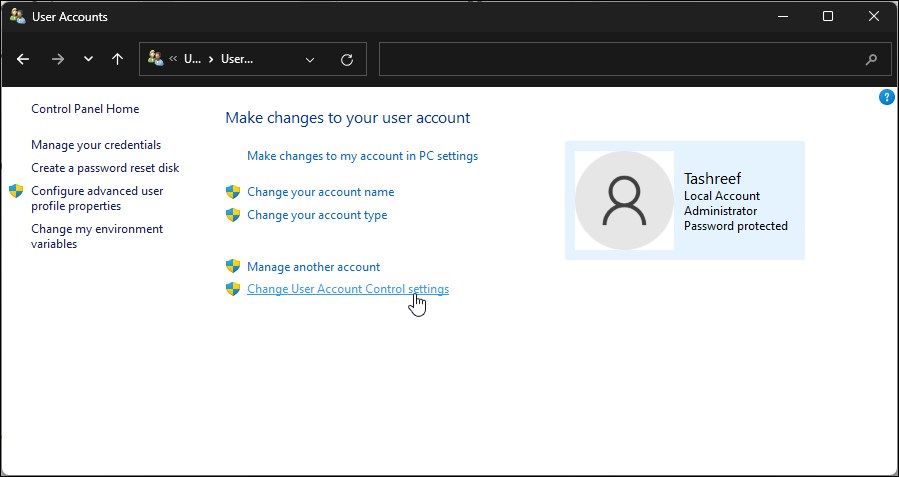 User Accounts page with the Change User Account Control settings link
