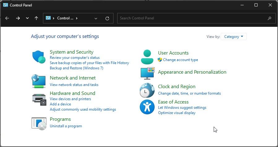 Windows 11 Control Panel with the User Accounts category