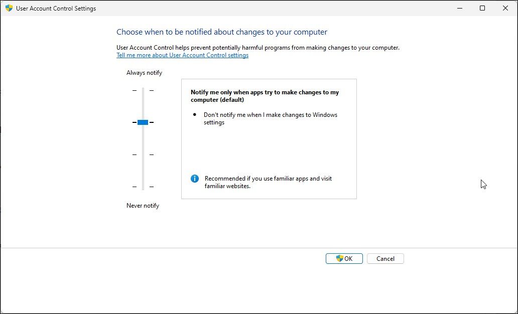 User Account Control settings slider dragged to Never notify