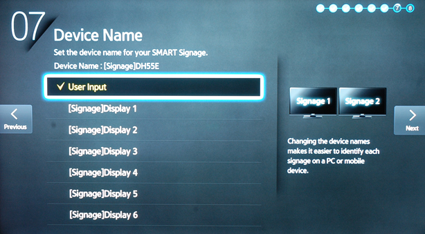 Older wizard Device Name screen with a User Input option and preset Signage Display names